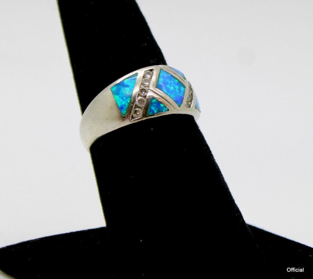 Blue Fire Opal & CZ 925 Sterling Silver Ring Jewelry Size 8