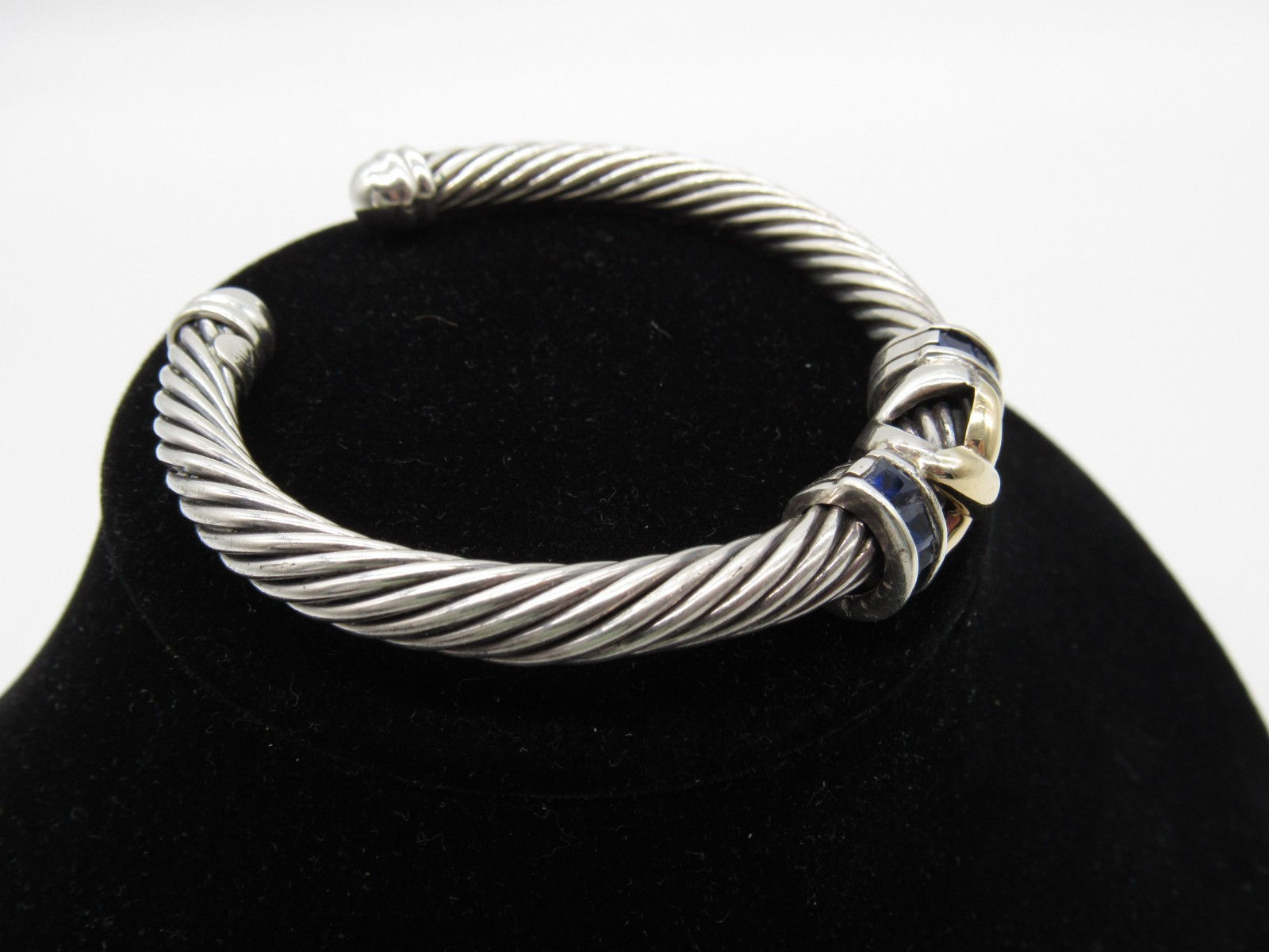 Jeffrey Levin 18K Gold 925 Sterling Silver Blue Sapphire Cable Cuff Bracelet
