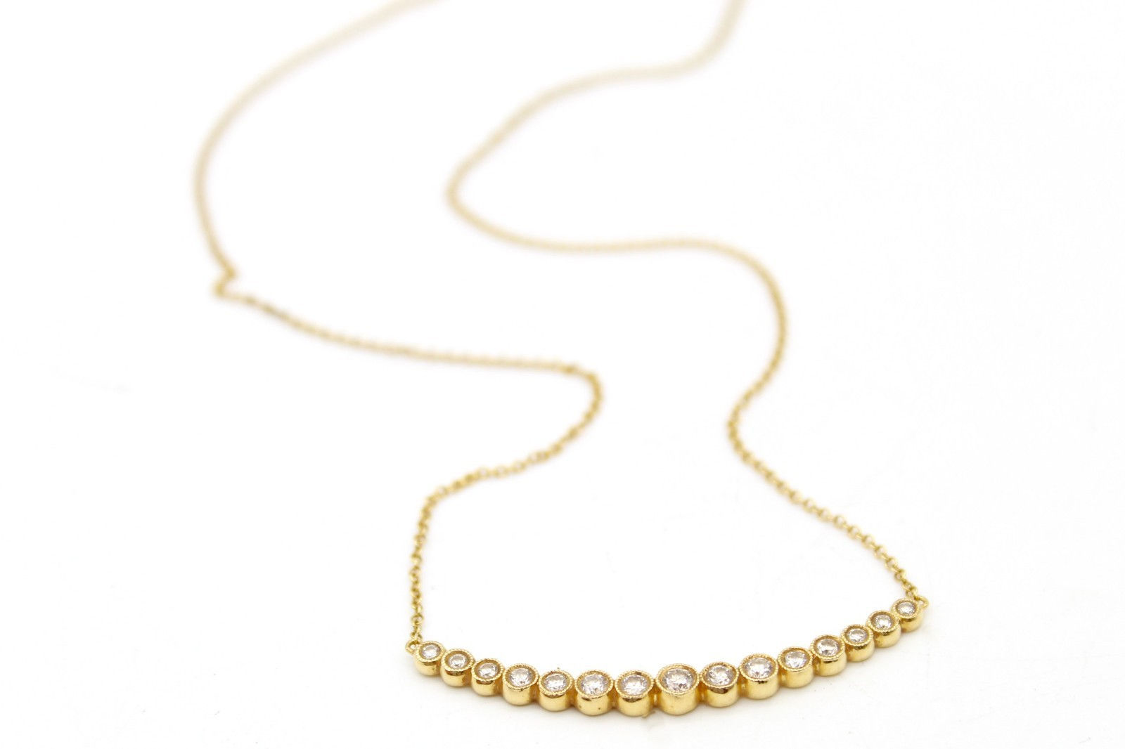 Gabriel & Co 14K Yellow Gold Curved Bar Necklace with Bezel Set Round Diamonds