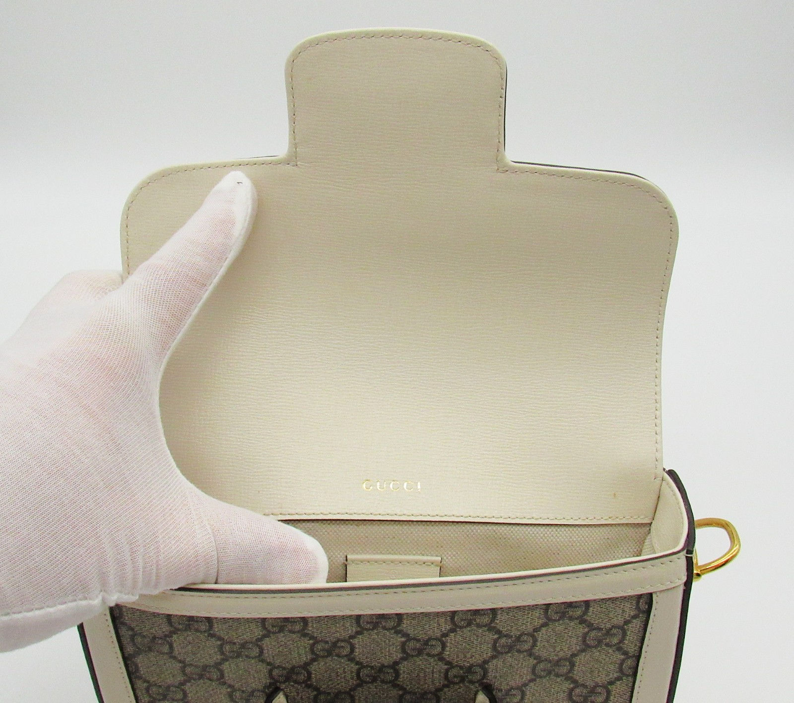 Gucci Horsebit 1955 GG Small Shoulder Bag Beige White Gold HW w/ Web Strap