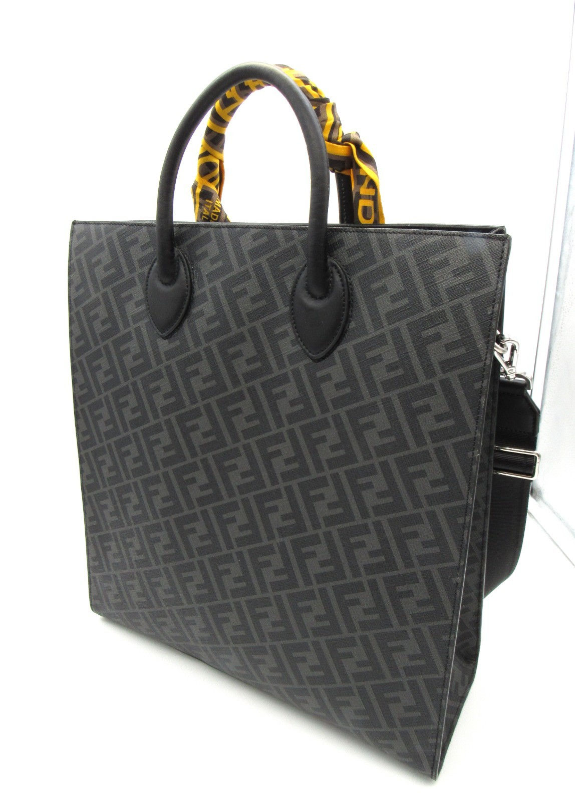 Fendi Diagonal Zucca Tote LargeShopper Bag 7VA578 Black & Yellow Canvas Leather