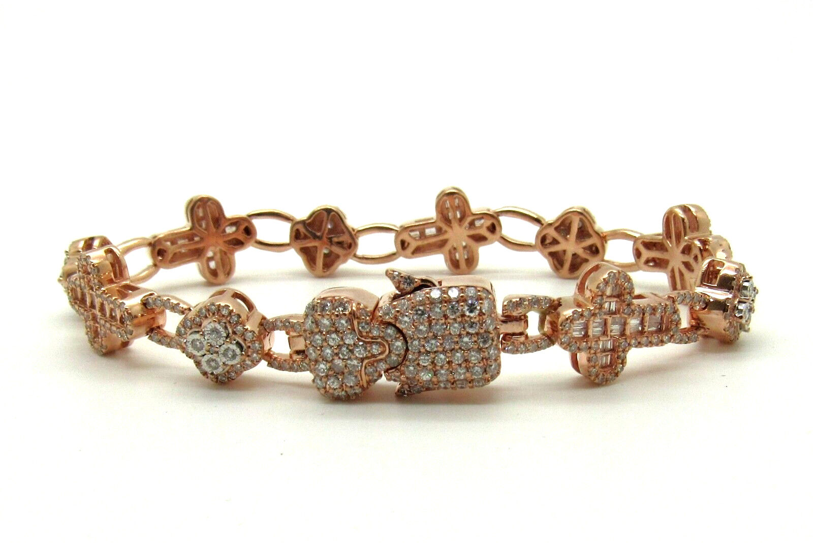 Baguettes & Round Cross & Clover Diamond Bracelet 10K Rose/Pink Gold 11MM 7".