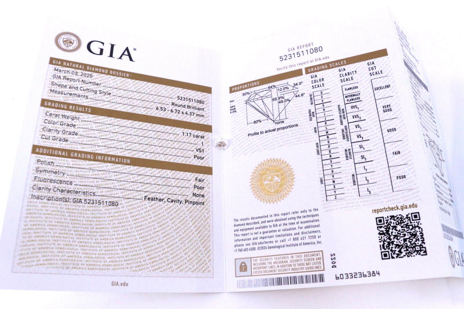 GIA Certified 1.17 Carat Round Cut Natural Diamond I/VS1 Loose Diamond