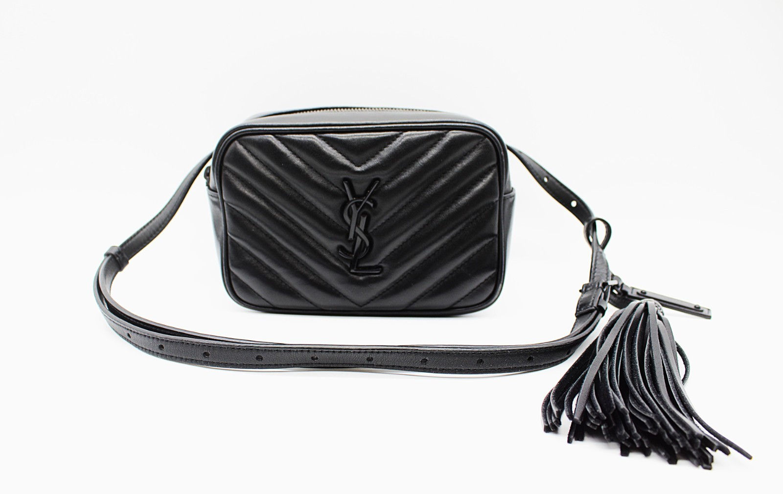 Authentic Saint Laurent Lou Belt Camera Bag Black Matelasse Chevron Leather