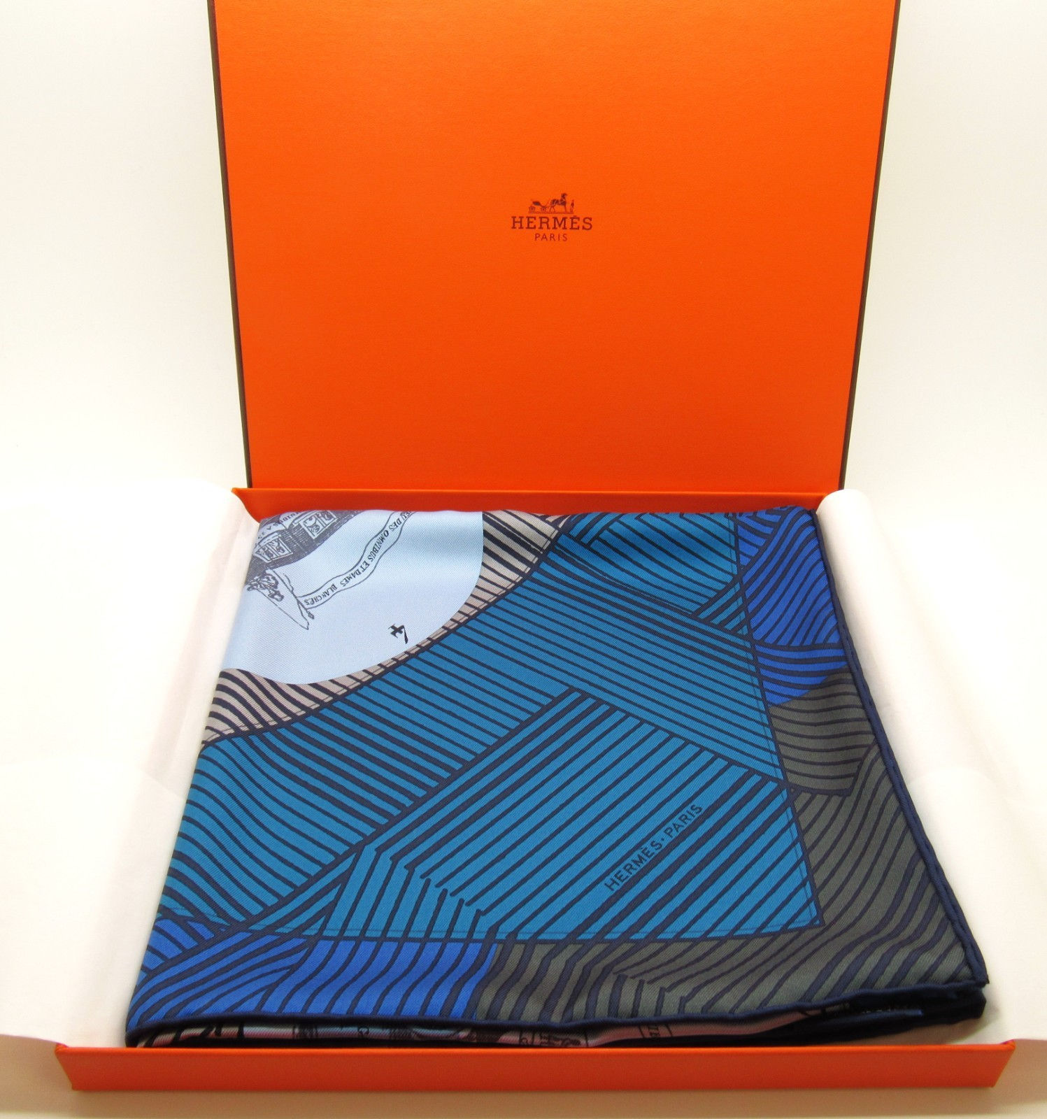 Brand New Hermes 100% Silk Jeu Des Omnibus Remix Scarf 90 Cobalt Ciel Gris