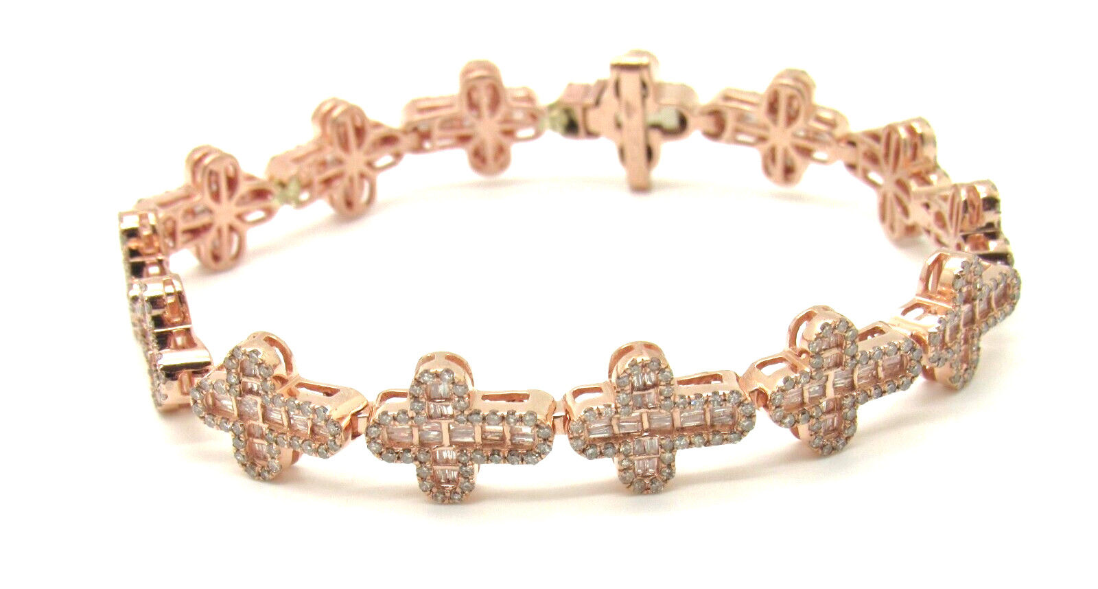 Baguettes & Round Cross Real Diamond Bracelet 10K Rose/Pink Gold 11MM 7"