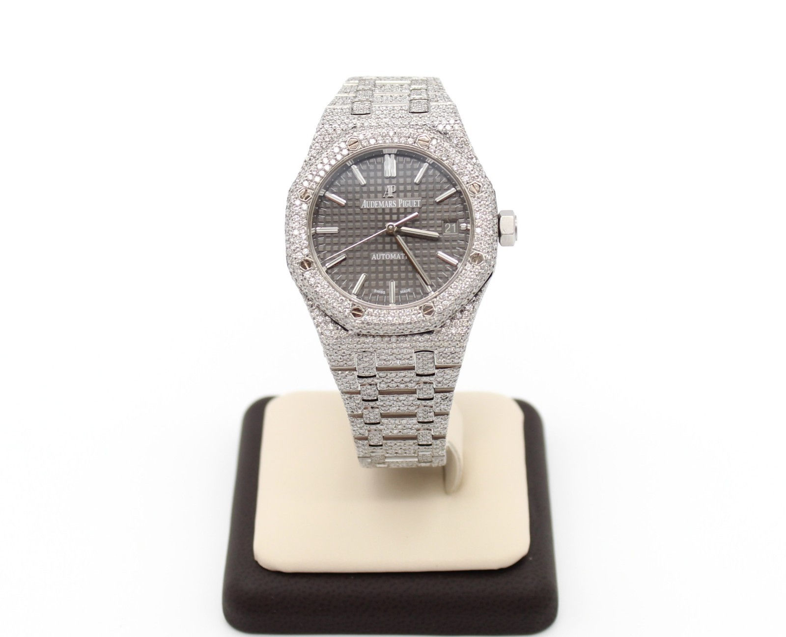 Audemars Piguet Royal Oak 37mm Stainless Steel Grey Dial ICED OUT Diamonds Watch
