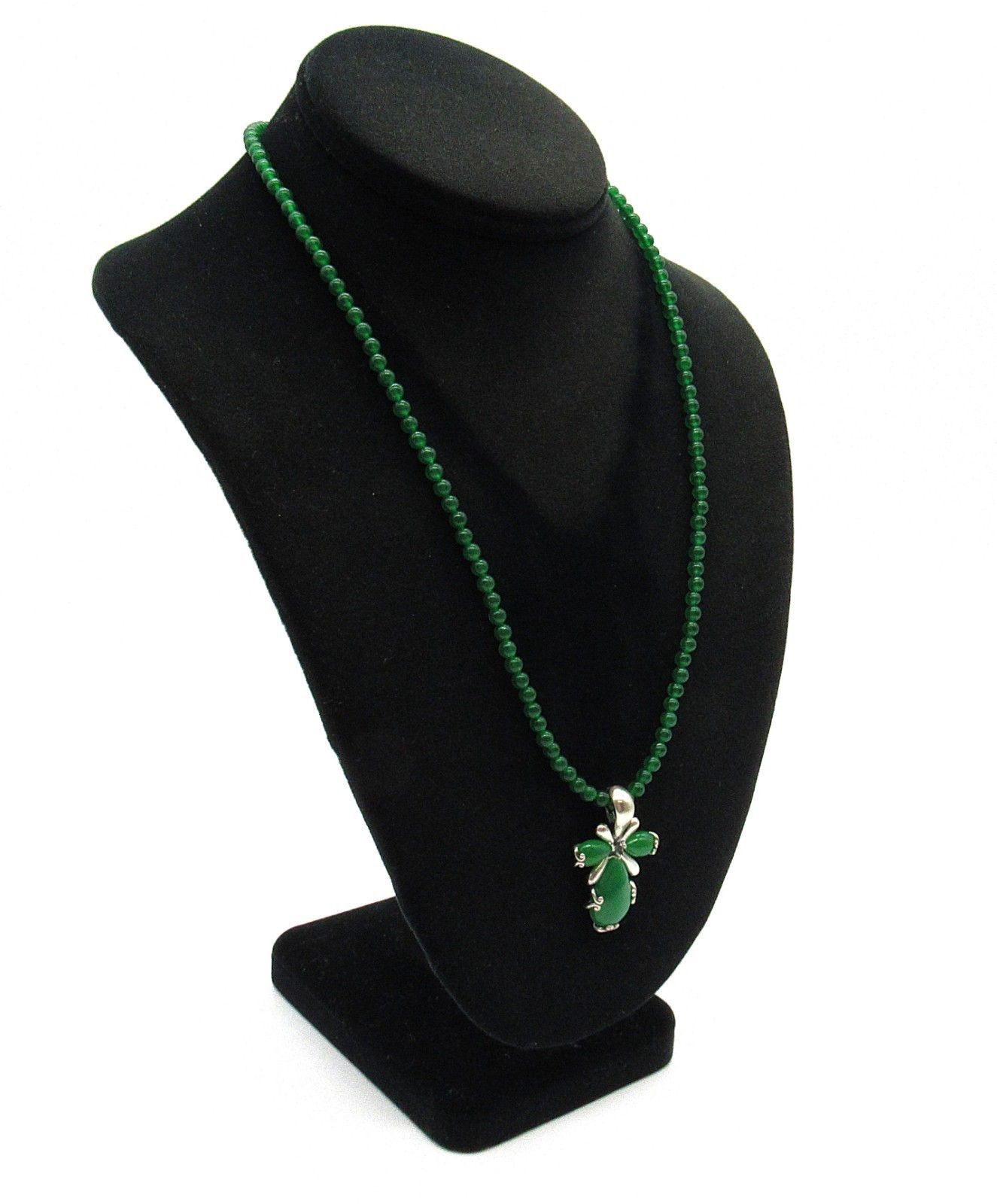 Sterling Silver 925 Rich Green Gemstone Beaded Necklace w/ Pendant 20"