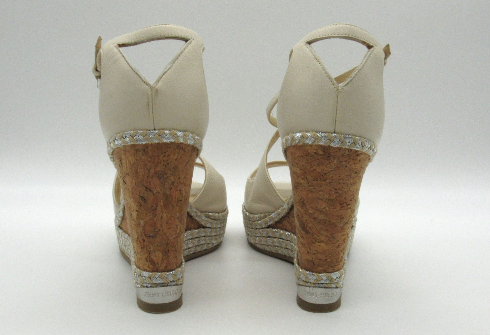 Jimmy Choo Dakota 120 Wedge Sandals 39.5 Off White Leather Cork Platform Shoes