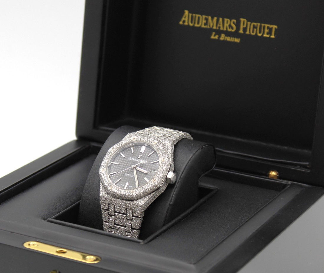 Audemars Piguet Royal Oak 37mm Stainless Steel Grey Dial ICED OUT Diamonds Watch