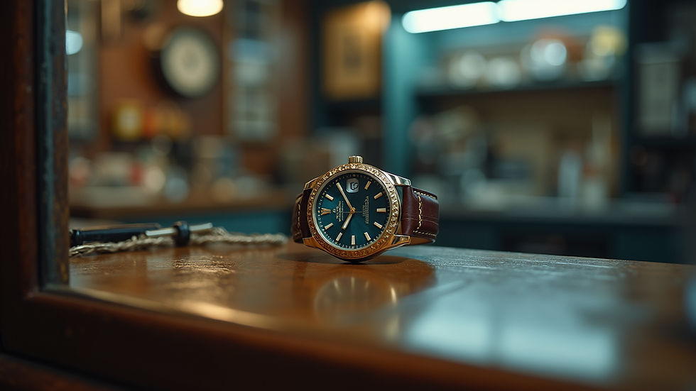 Eye-level view of luxury watch on display in a pawn shop