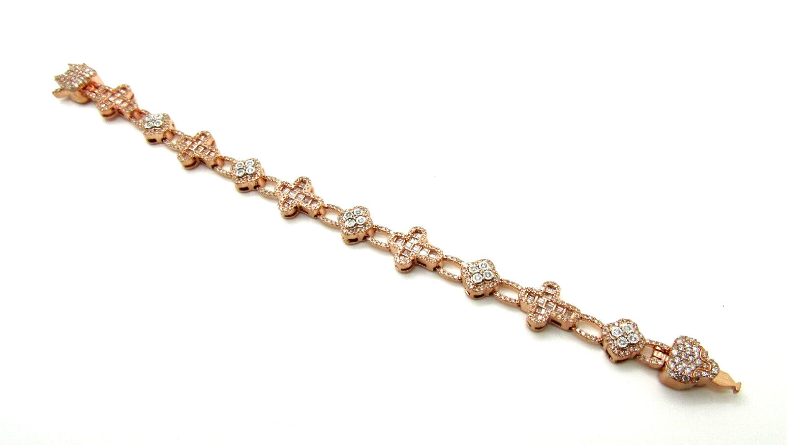 Baguettes & Round Cross & Clover Diamond Bracelet 10K Rose/Pink Gold 11MM 7".