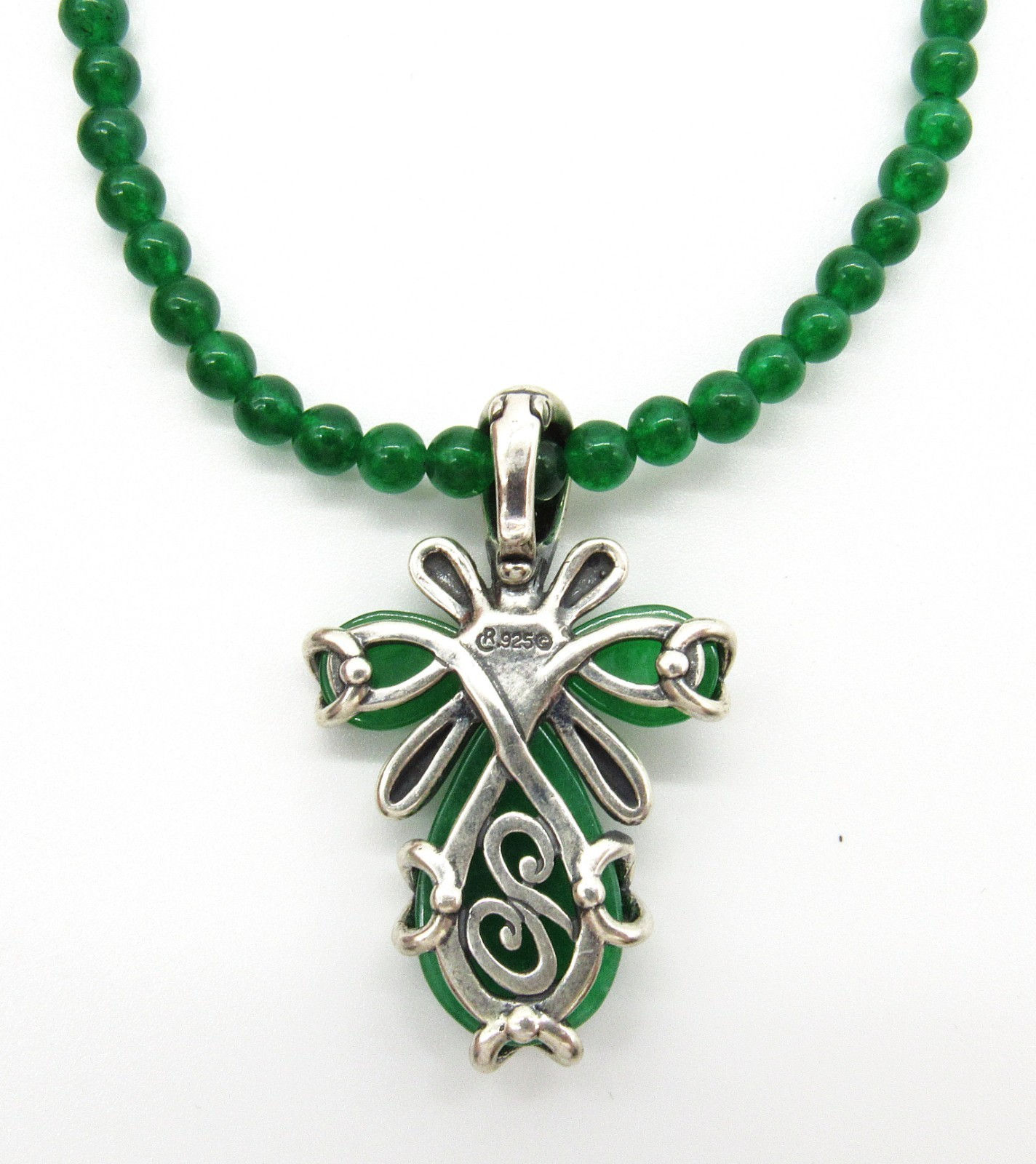 Sterling Silver 925 Rich Green Gemstone Beaded Necklace w/ Pendant 20"