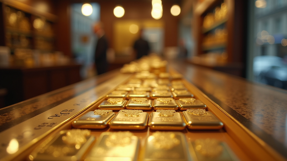 Eye-level view of a local gold buyer's shop counter with gold items displayed