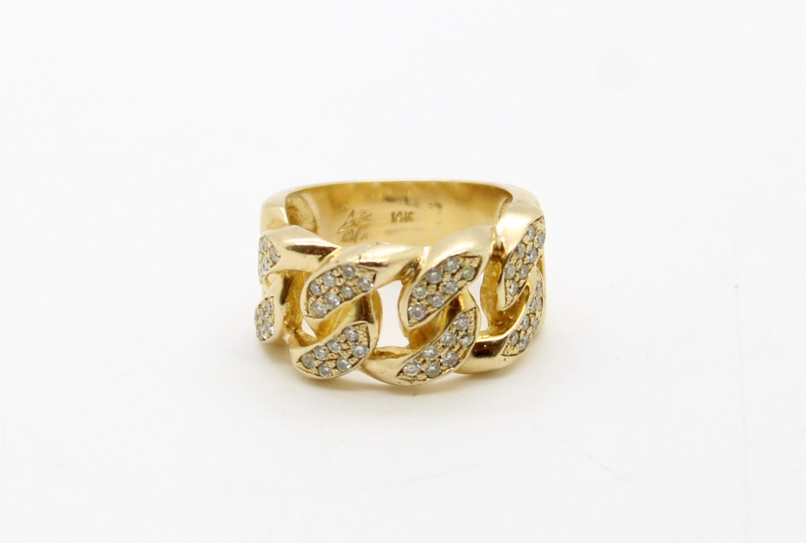 14K Solid Yellow Gold Pave Set Diamond 11.8mm Cuban Link Band Ring Size 7.0