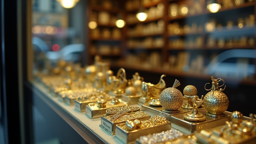 Eye-level view of a pawn shop window displaying gold and silver items