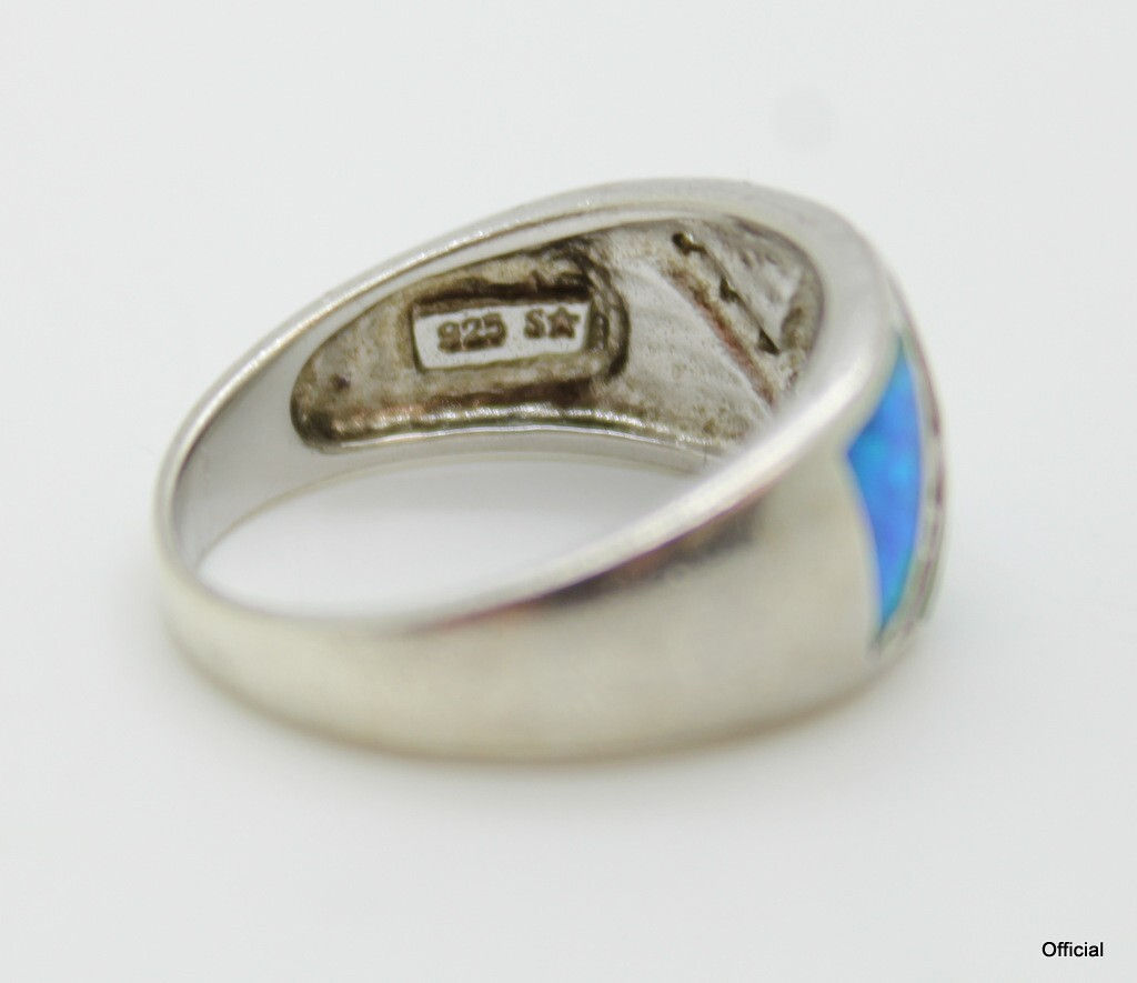 Blue Fire Opal & CZ 925 Sterling Silver Ring Jewelry Size 8