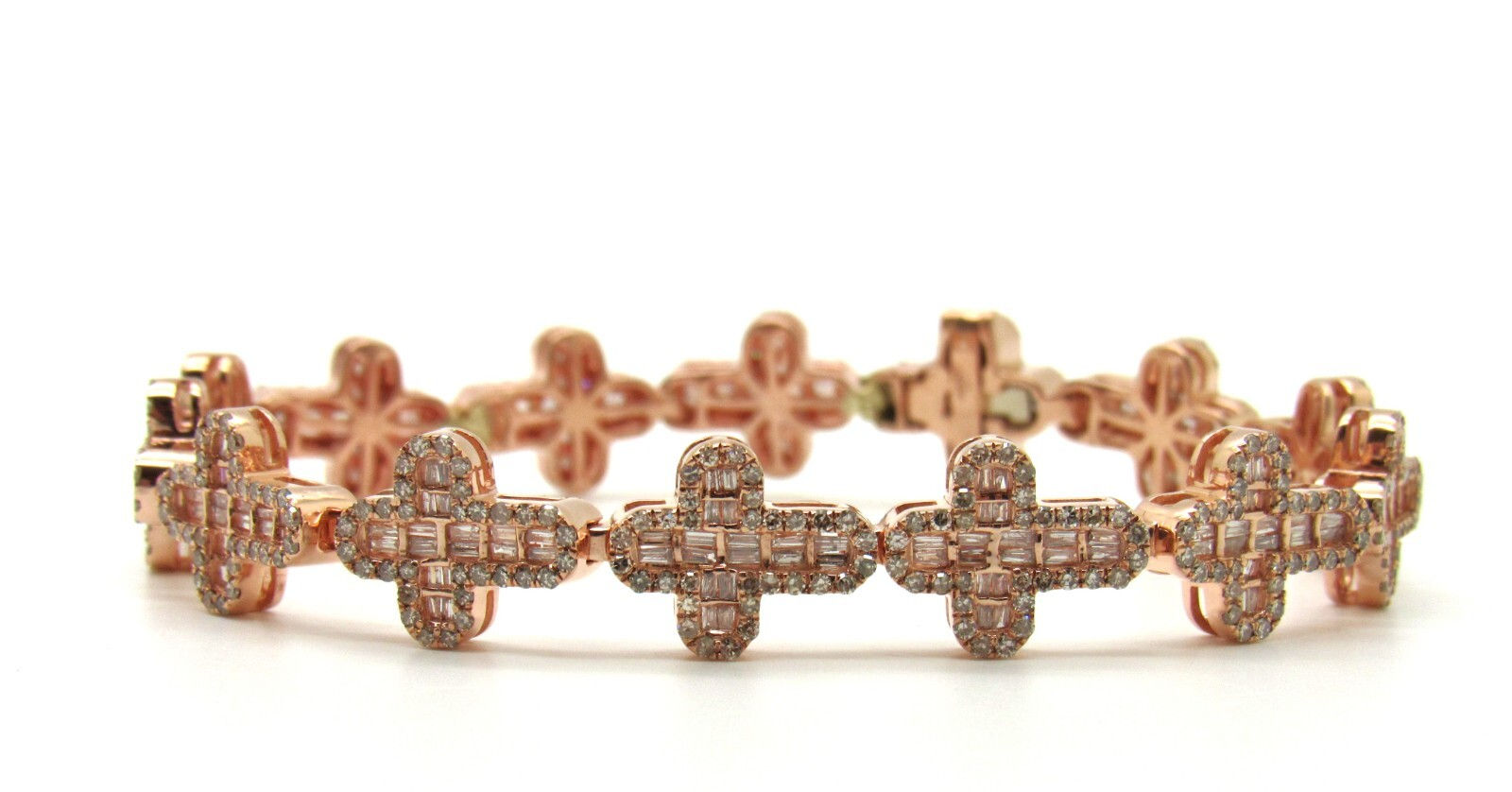 Baguettes & Round Cross Real Diamond Bracelet 10K Rose/Pink Gold 11MM 7"
