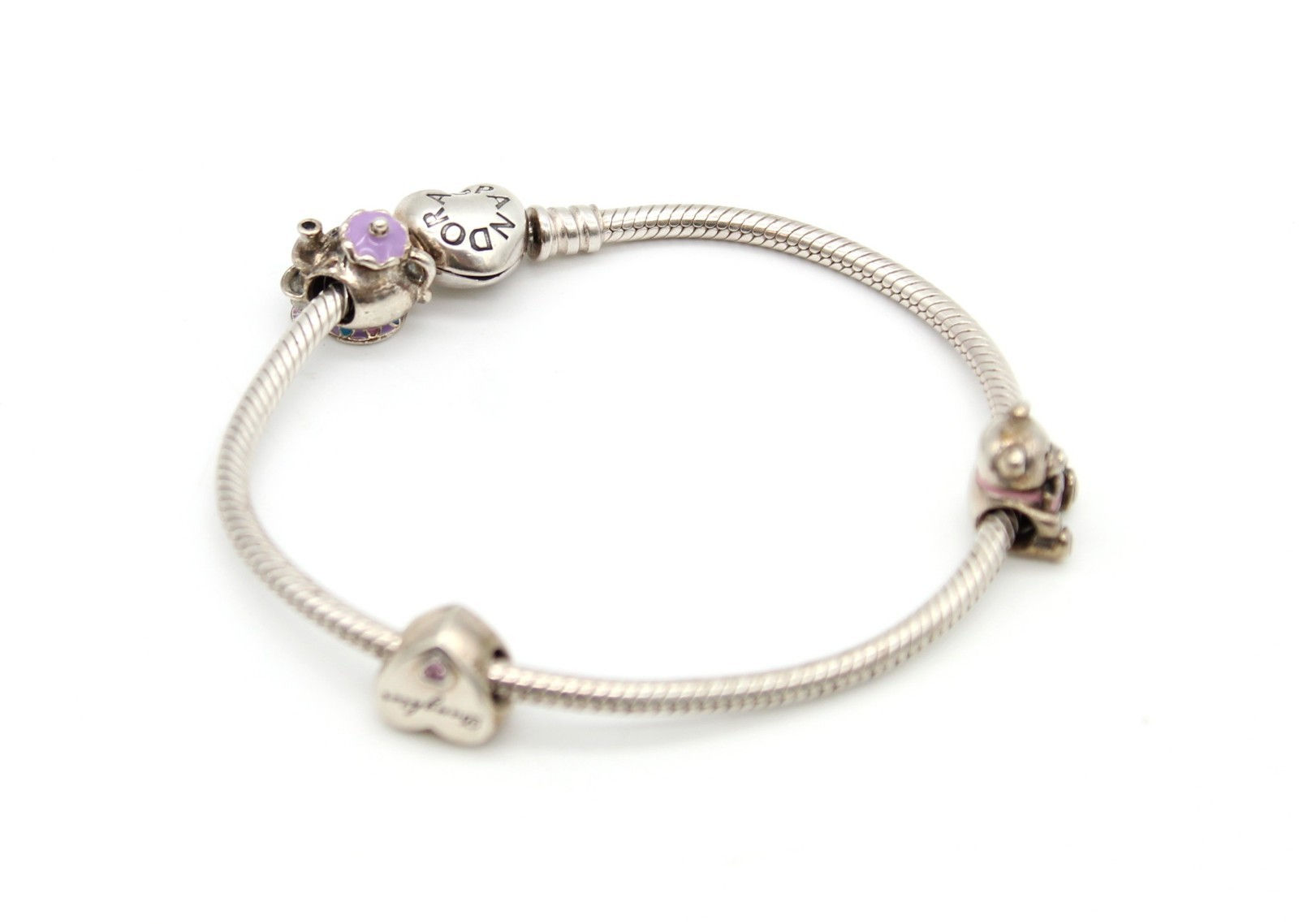 Pandora Sterling Silver Charm Bracelet 7" w/ 3 Charms Elephant Teddy Teapot Hear