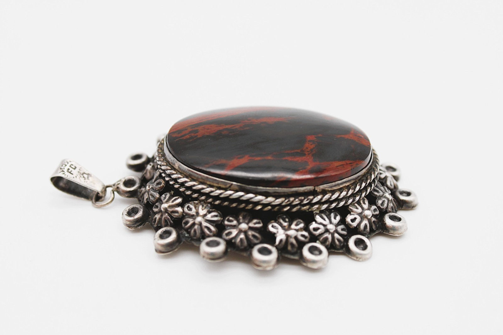 Vintage Mexican Sterling Silver Mahogany Obsidian Pendant 30.4g Large Floral