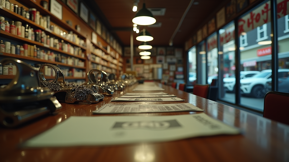 Eye-level view of a pawn shop counter with various luxury items