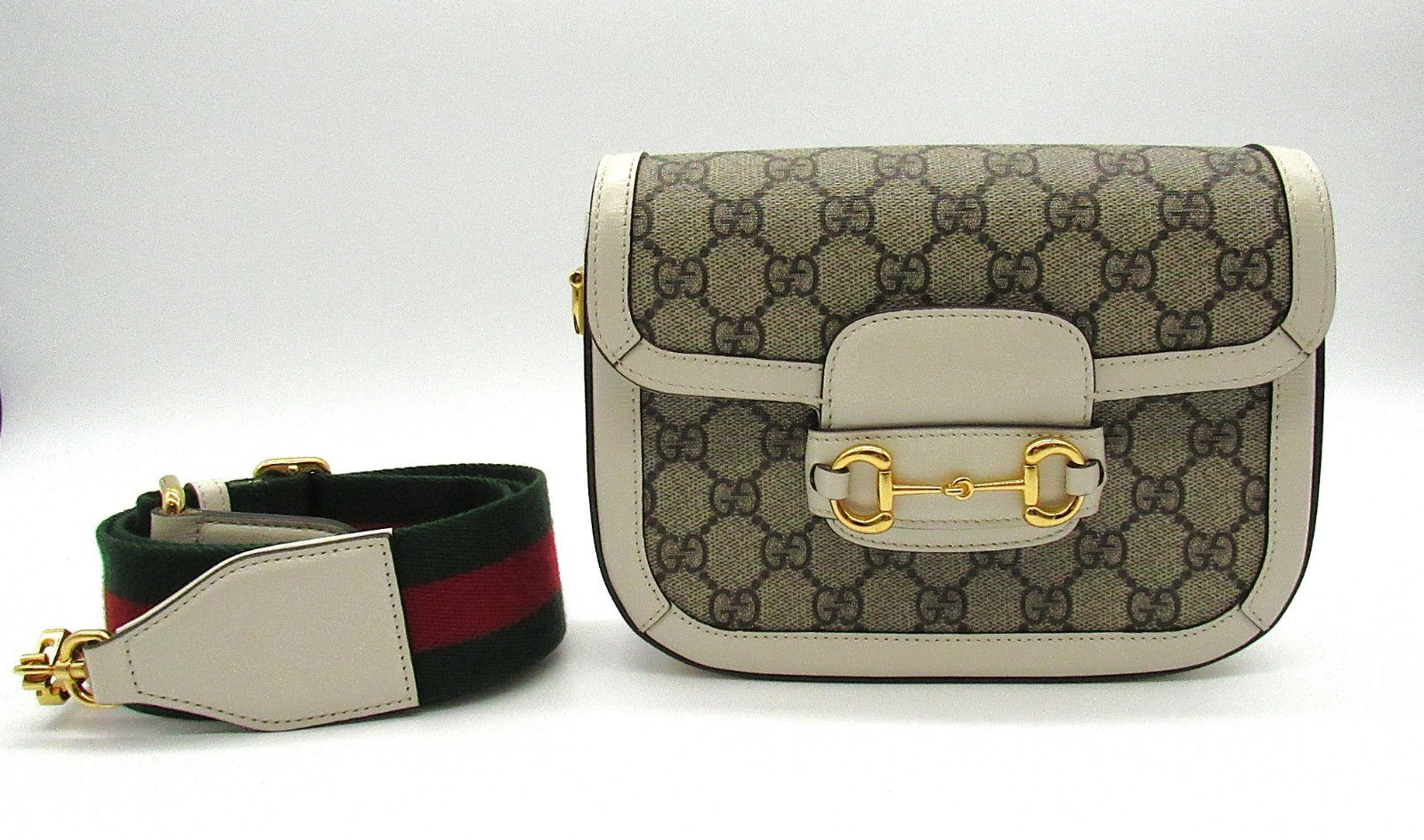 Gucci Horsebit 1955 GG Small Shoulder Bag Beige White Gold HW w/ Web Strap