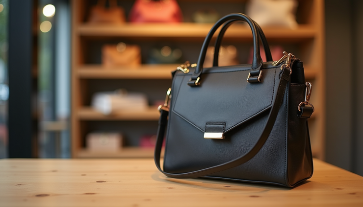 Eye-level view of a designer handbag displayed on a wooden table in a boutique