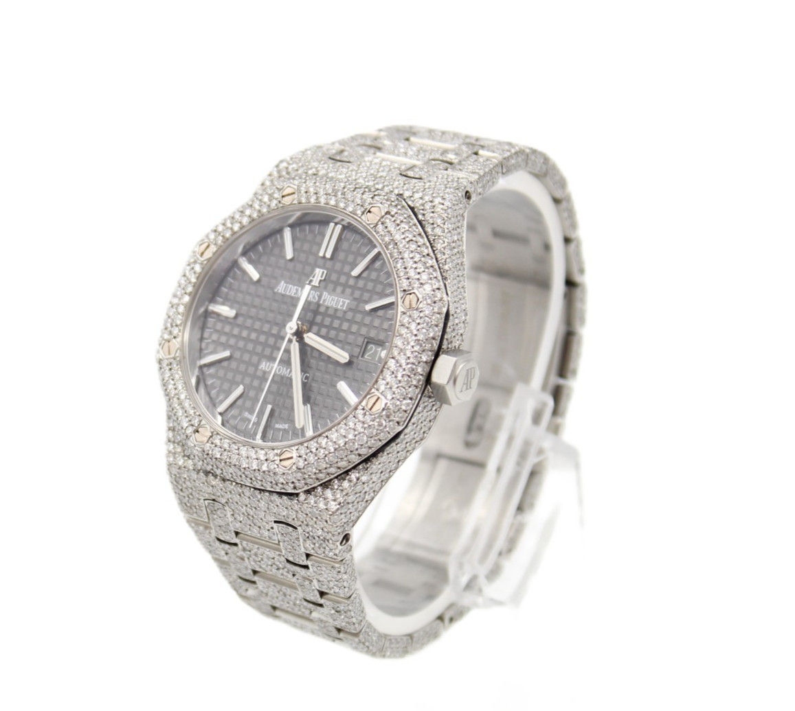 Audemars Piguet Royal Oak 37mm Stainless Steel Grey Dial ICED OUT Diamonds Watch