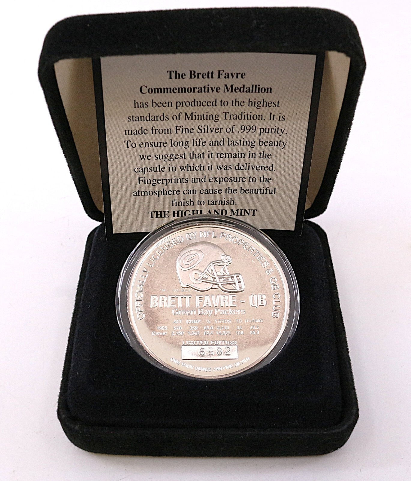 Highland Mint 1 oz .999 Silver Brett Favre Packers Medallion Round #6582 of 7500