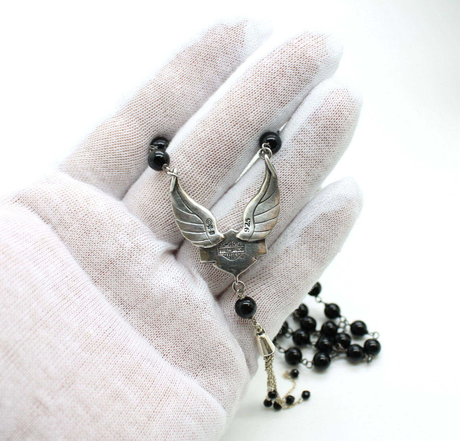 HARLEY DAVIDSON by THIERRY MARTINO BEADED  BLACK ONYX GEM  .925  SILVER NECKLACE