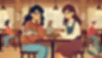 Dos amigas platicando en un café apoyándose en un momento difícil