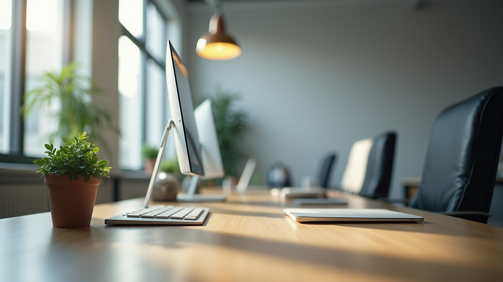 Eye-level view of a modern office desk with eco-friendly electronic devices