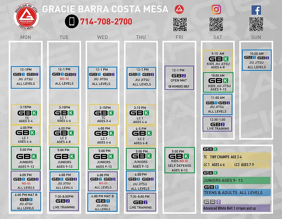 Gracie Barra Costa Mesa Brazilian Jiu-Jitsu class schedule showing kids, teens, and adult training times in Orange County, California.