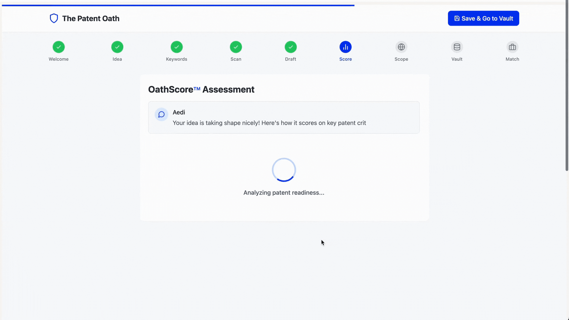 The Patent Oath platfom MVP second screen Oath Score showing sample idea being scored