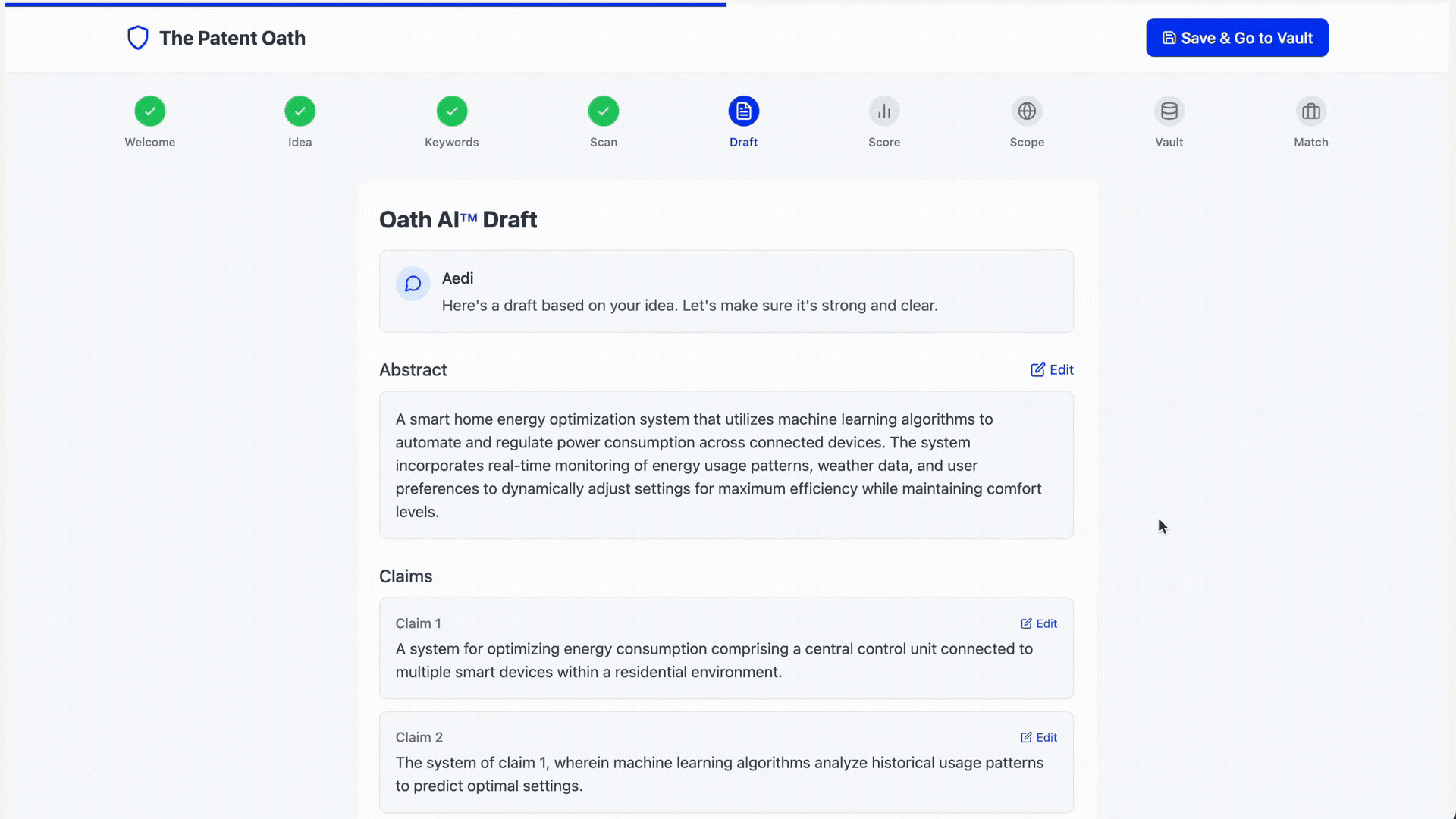 The Patent Oath platfom MVP third screen Oath Draft showing sample idea being drafted