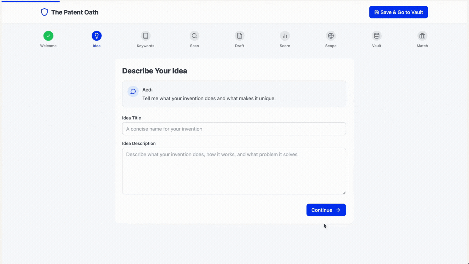 The Patent Oath platfom MVP first screen showing sample idea being described