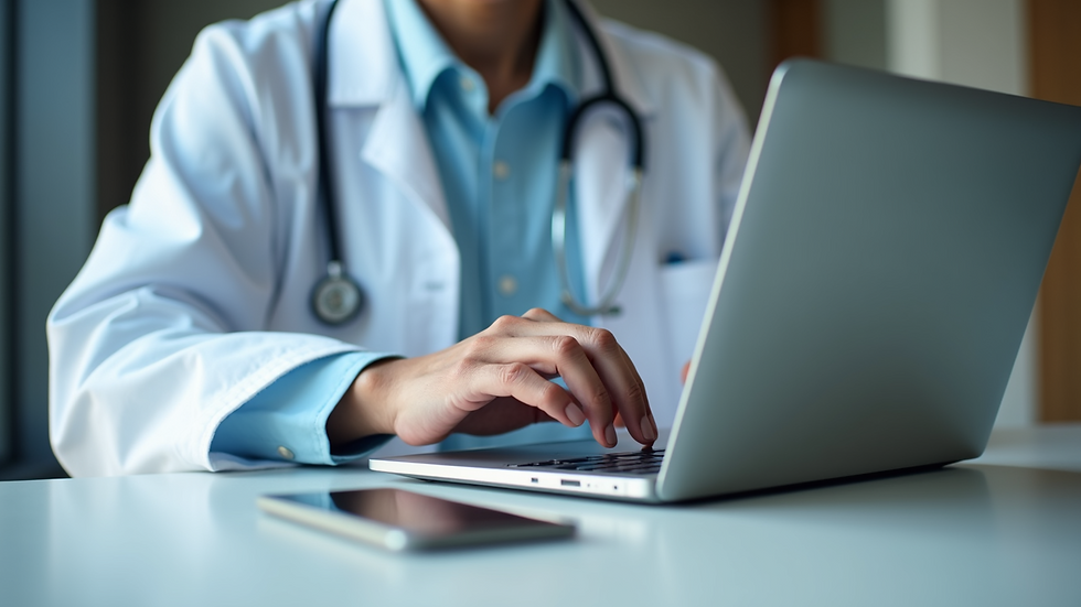 Close-up view of healthcare professional using medical billing software on a laptop