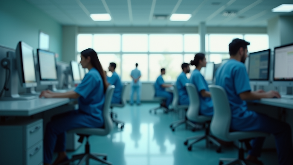 Eye-level view of hospital billing department with computer screens
