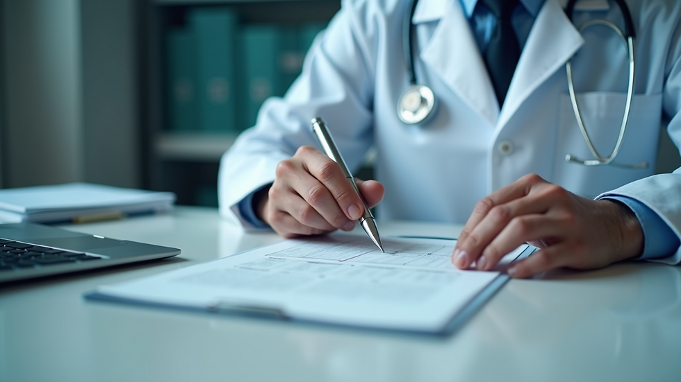 Close-up view of medical coder reviewing patient records