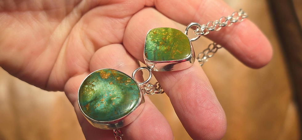 Green turquoise pendant necklace set, handmade sterling silver western jewelry.  Unique one of a kind unisex necklace for man