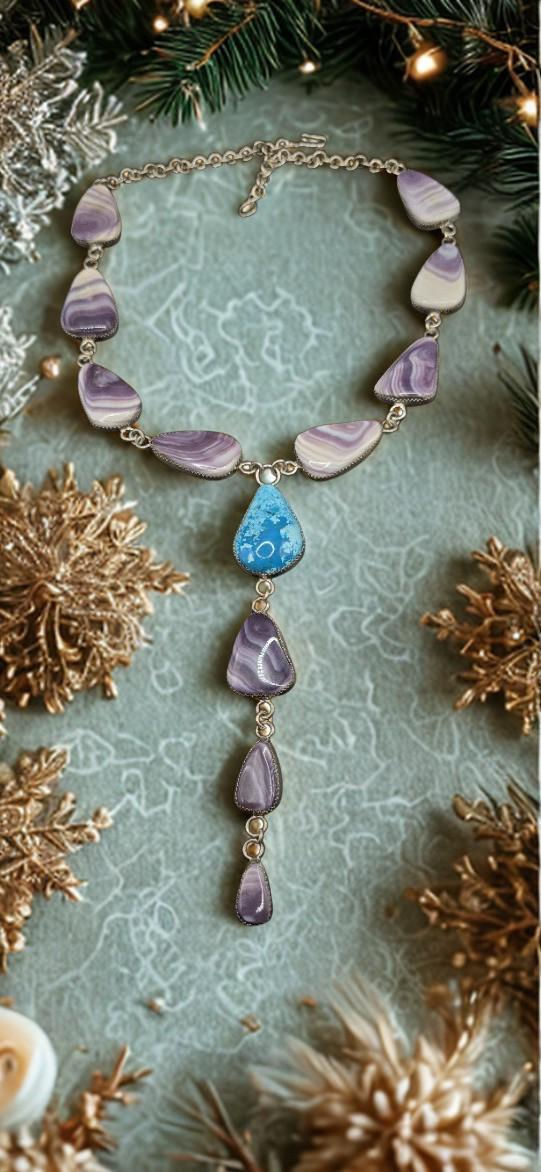 Handcrafted Sterling Silver Wampum Necklace with Kingman Turquoise.