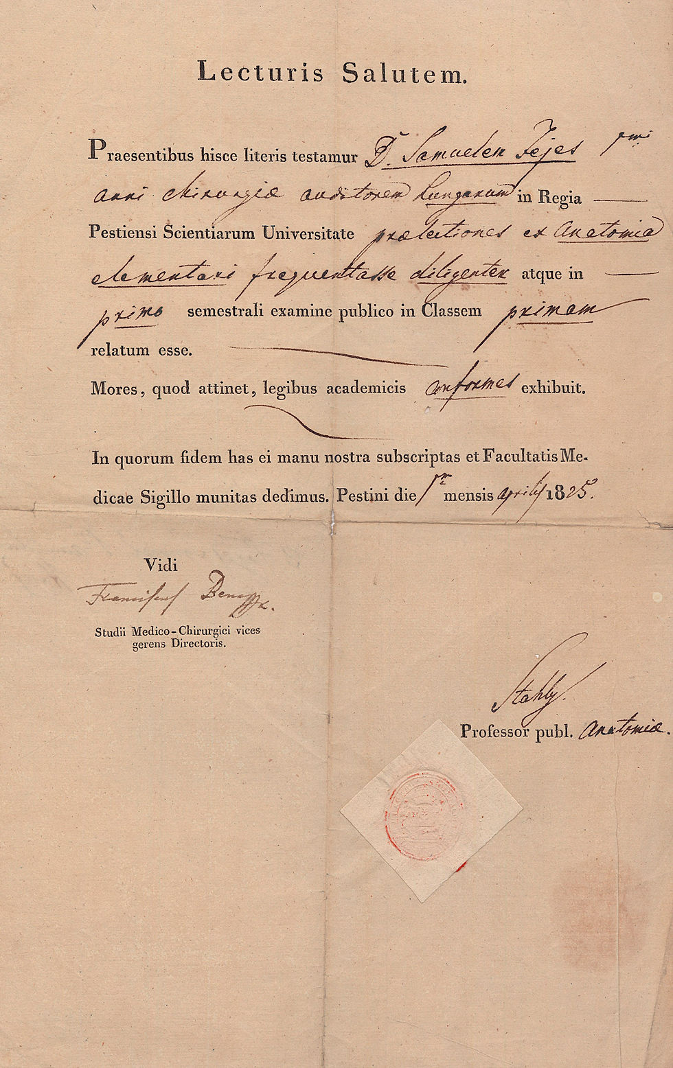 92. A pesti egyetem orvosi karának latin nyelvű vizsgabizonyítványa.