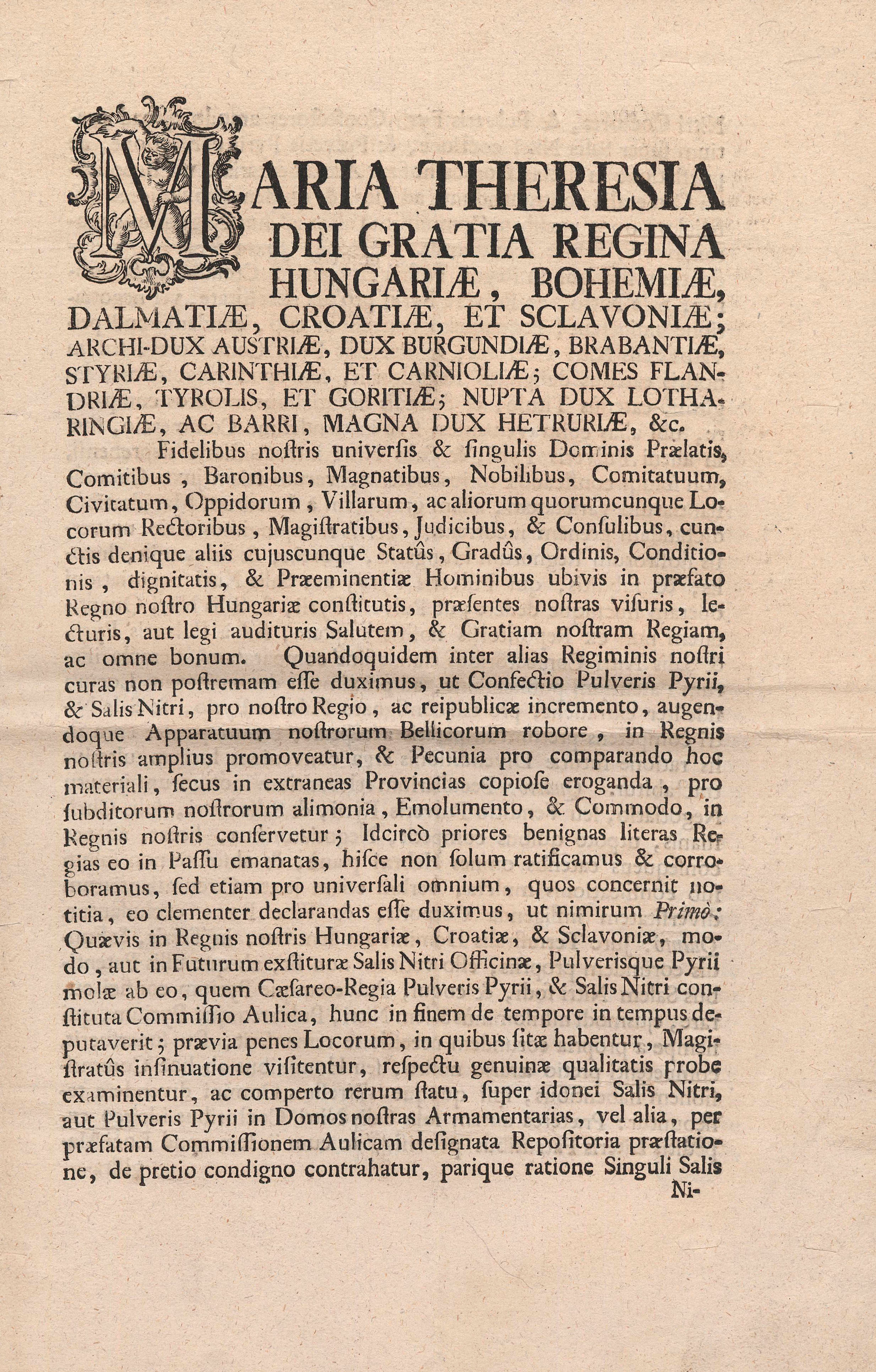 11.	(Habsburg) Mária Terézia magyar királynő latin nyelvű, nyomtatott rendelete.