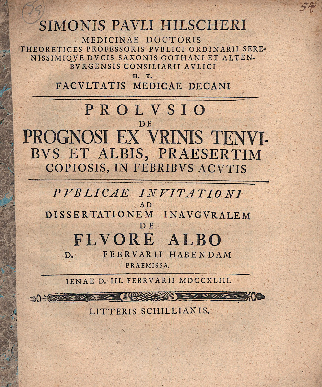 65.   Hilscher, Simon Paul:  Prolusio de prognosi ex urinis...