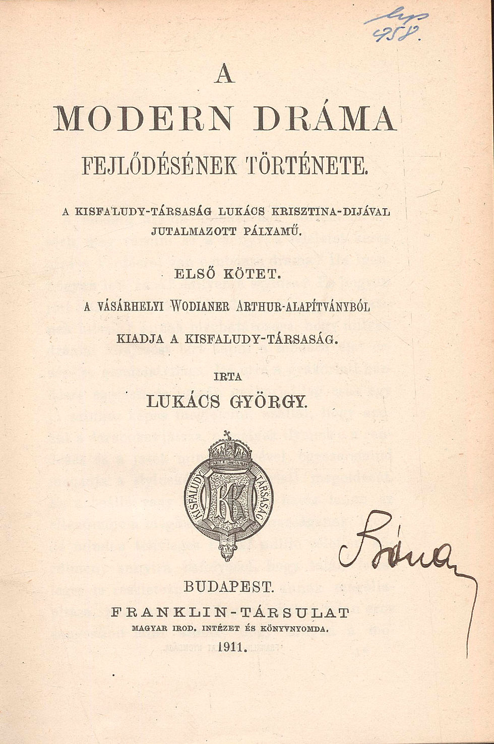 Indexkép: 274.	Lukács György:  A modern dráma fejlődésének története.