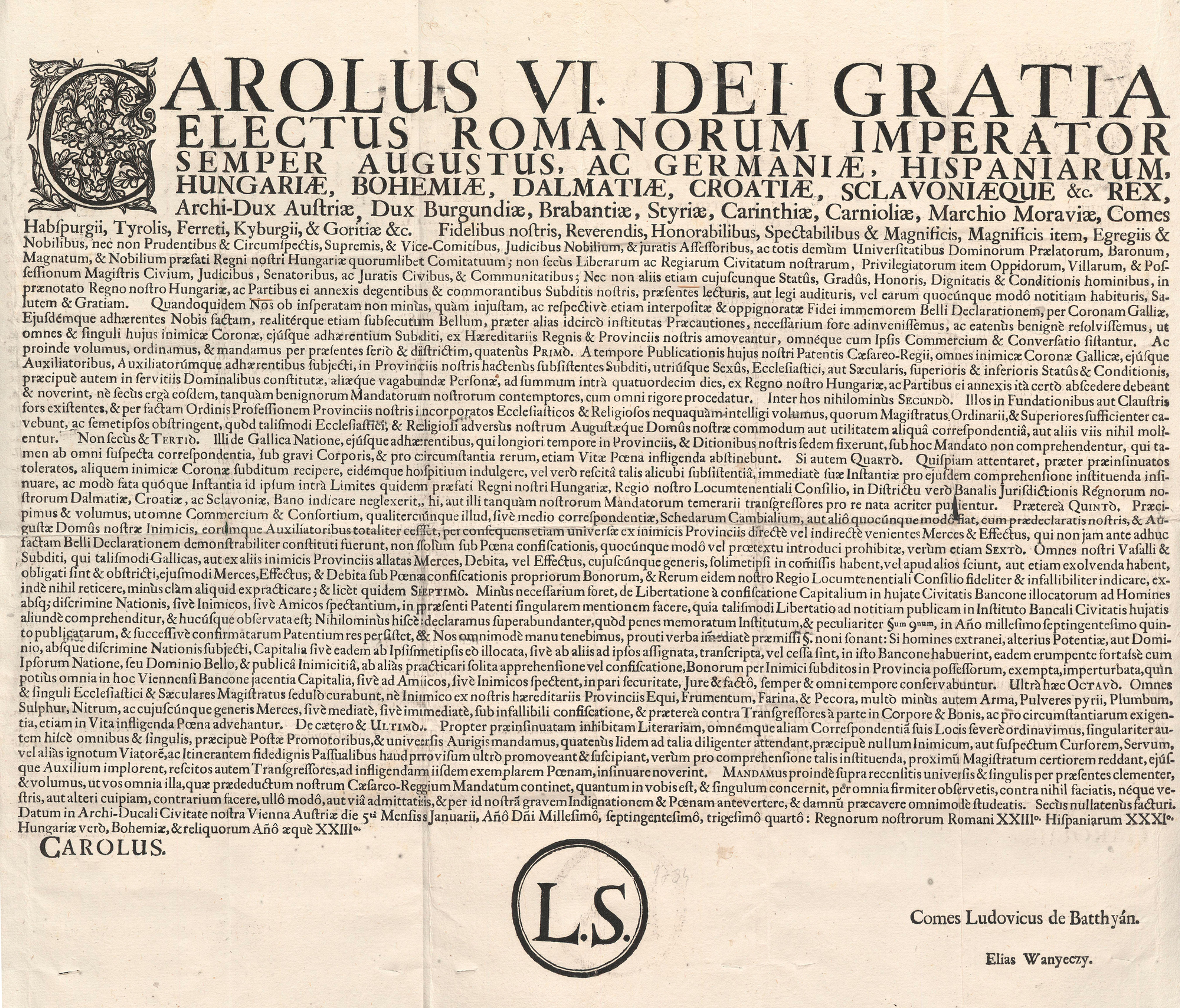 4. (Habsburg) III. Károly magyar király nyomtatott, latin nyelvű rendelete.