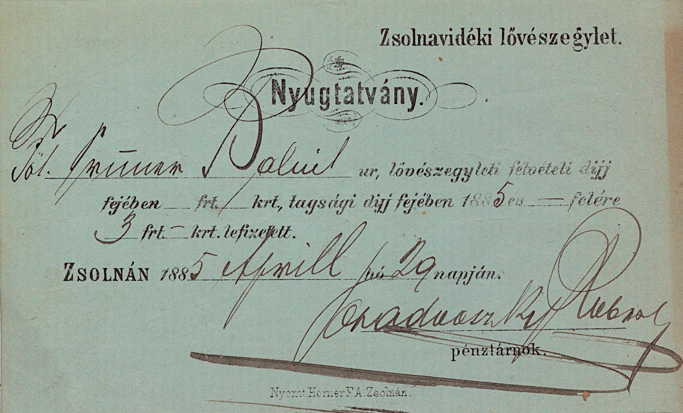 13.	A Zsolnavidéki Lövészegylet magyar nyelvű nyugtája.