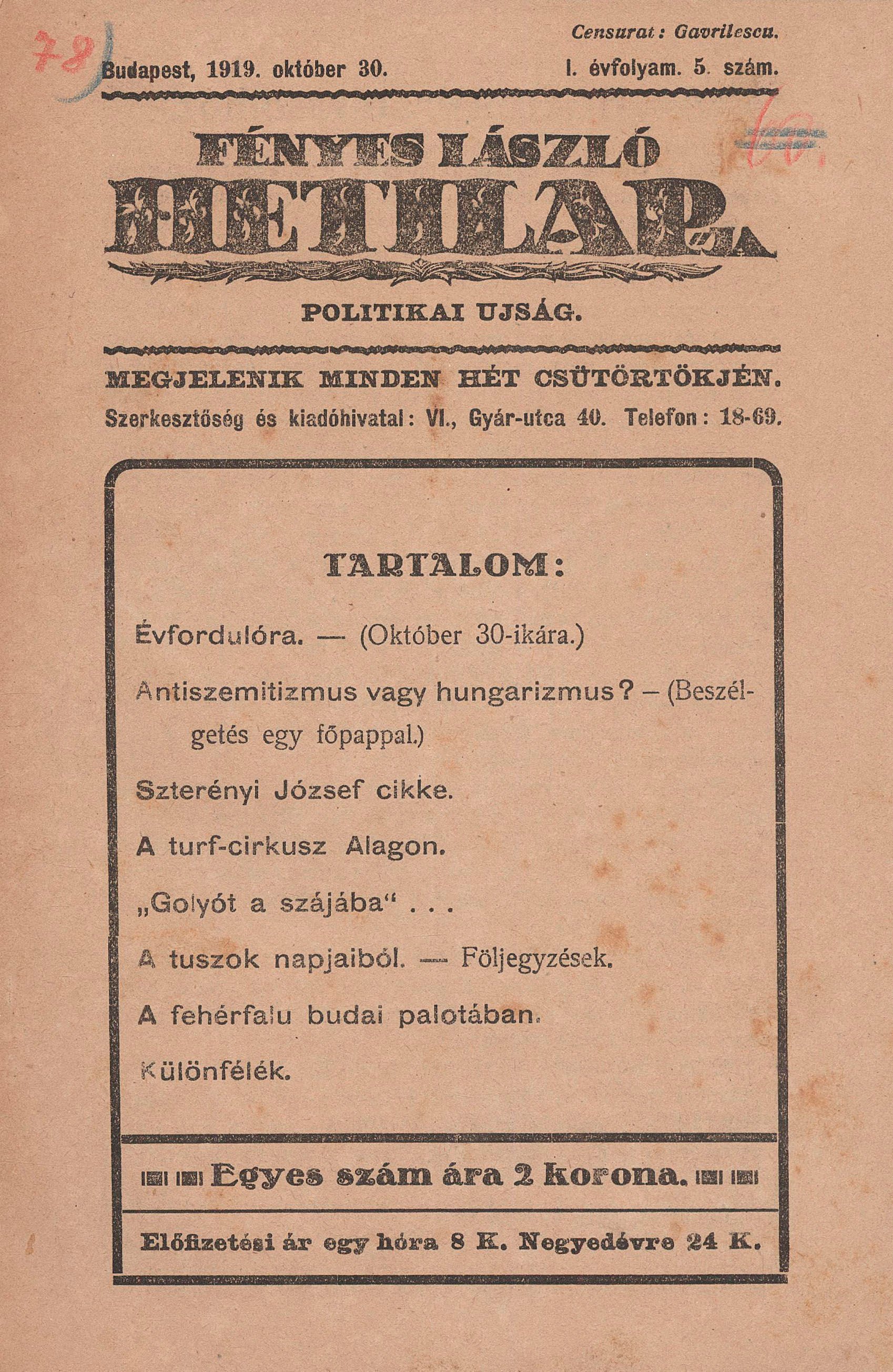 144. Fényes László hetilap-ja.