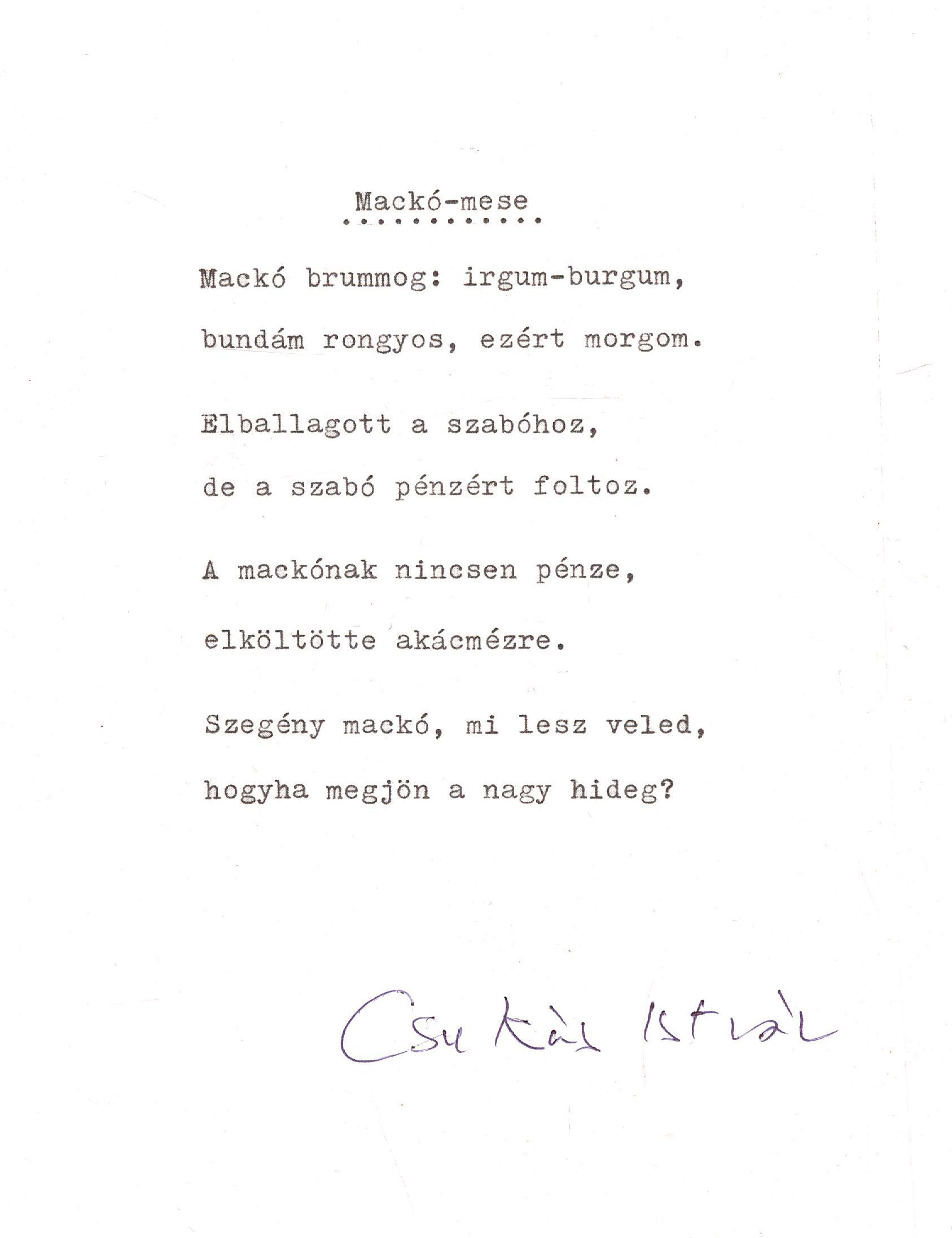 278.	Csukás István (1936-2020) költő autográf alá­írása...