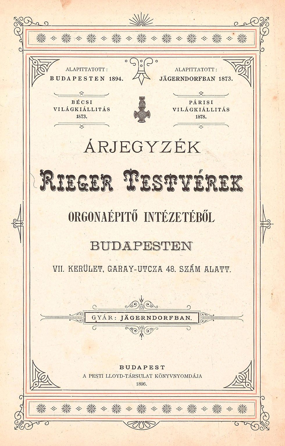 3. Árjegyzék Rieger Testvérek orgonaépitő intézetéből Budapesten